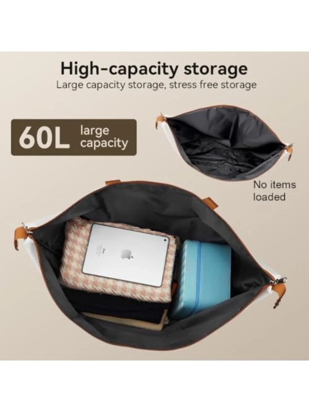 Spacious 60L Travel Duffel Bag - Foldable Large Tote for Carry-On, White/Brown